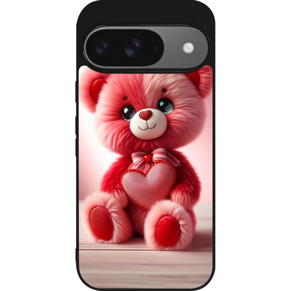 Google Pixel 9 / Pixel 9 Pro Case Hülle - Silikon schwarz Valentin 2024 Rosaroter Teddybär