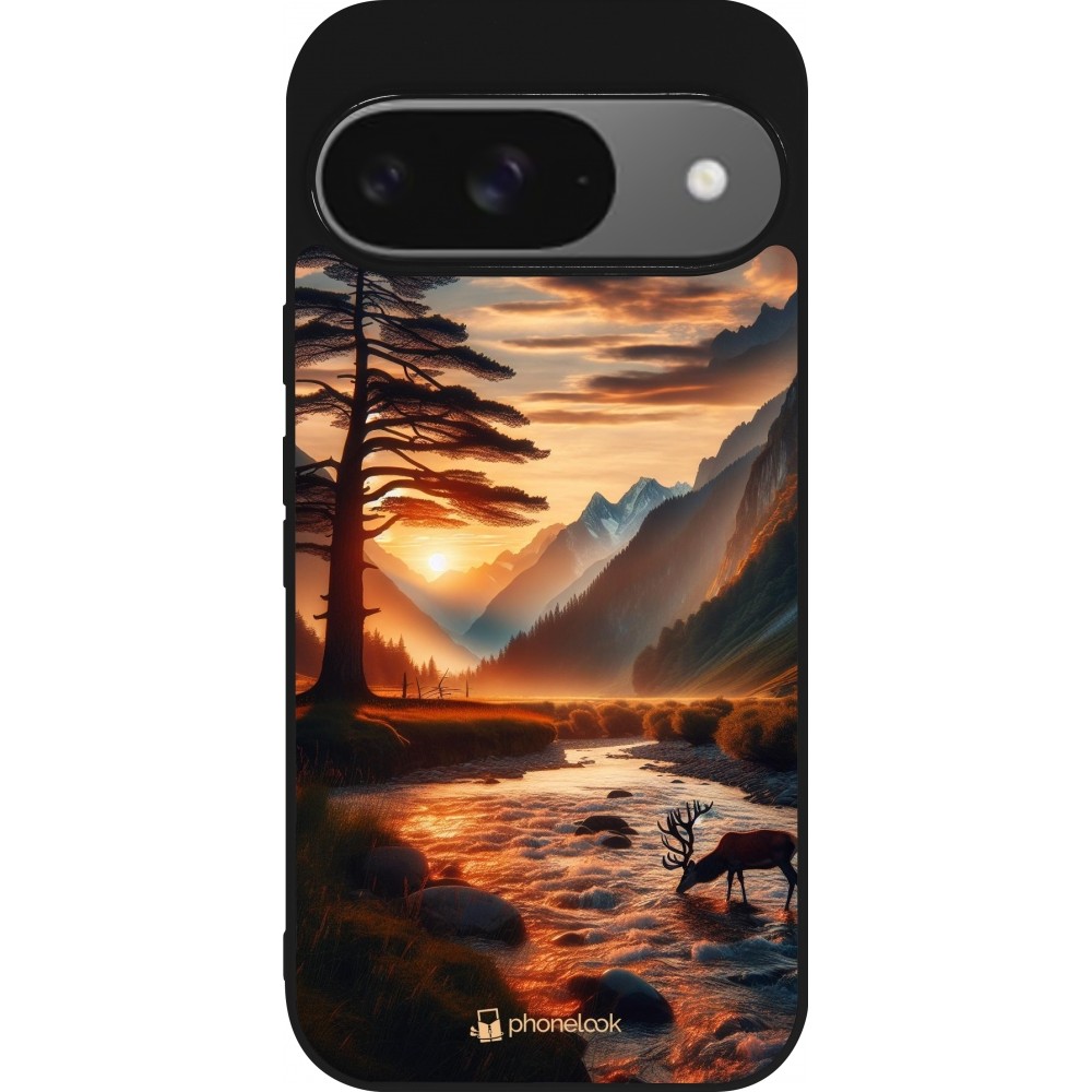 Google Pixel 9 / Pixel 9 Pro Case Hülle - Silikon schwarz Tal Sonnenuntergang Hirsch Baum