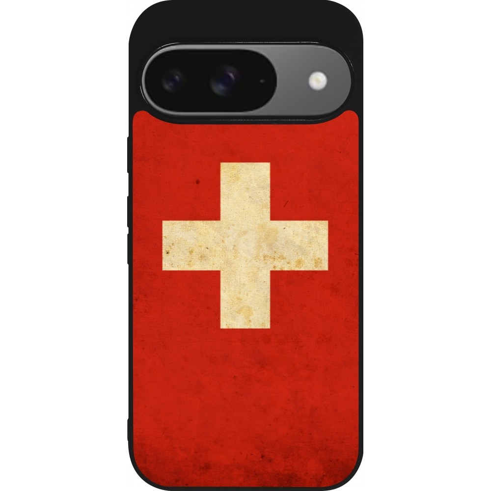 Google Pixel 9 / Pixel 9 Pro Case Hülle - Silikon schwarz Vintage Flag SWISS