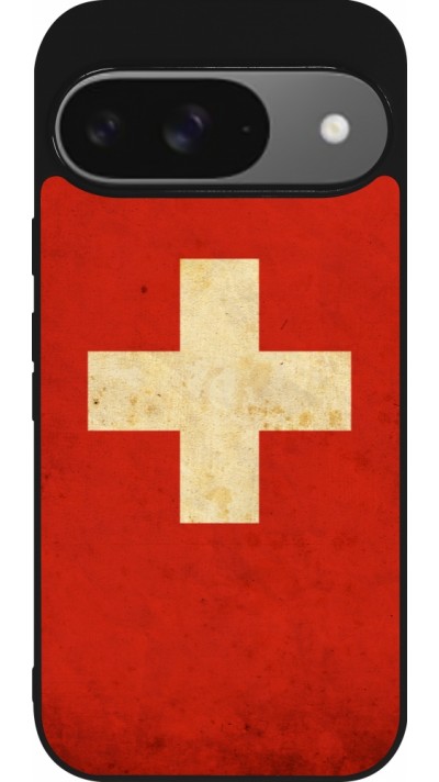 Google Pixel 9 / Pixel 9 Pro Case Hülle - Silikon schwarz Vintage Flag SWISS