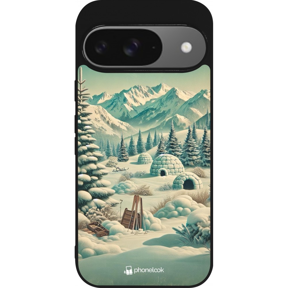 Google Pixel 9 / Pixel 9 Pro Case Hülle - Silikon schwarz Vintage Schneebedeckter Berg Iglu