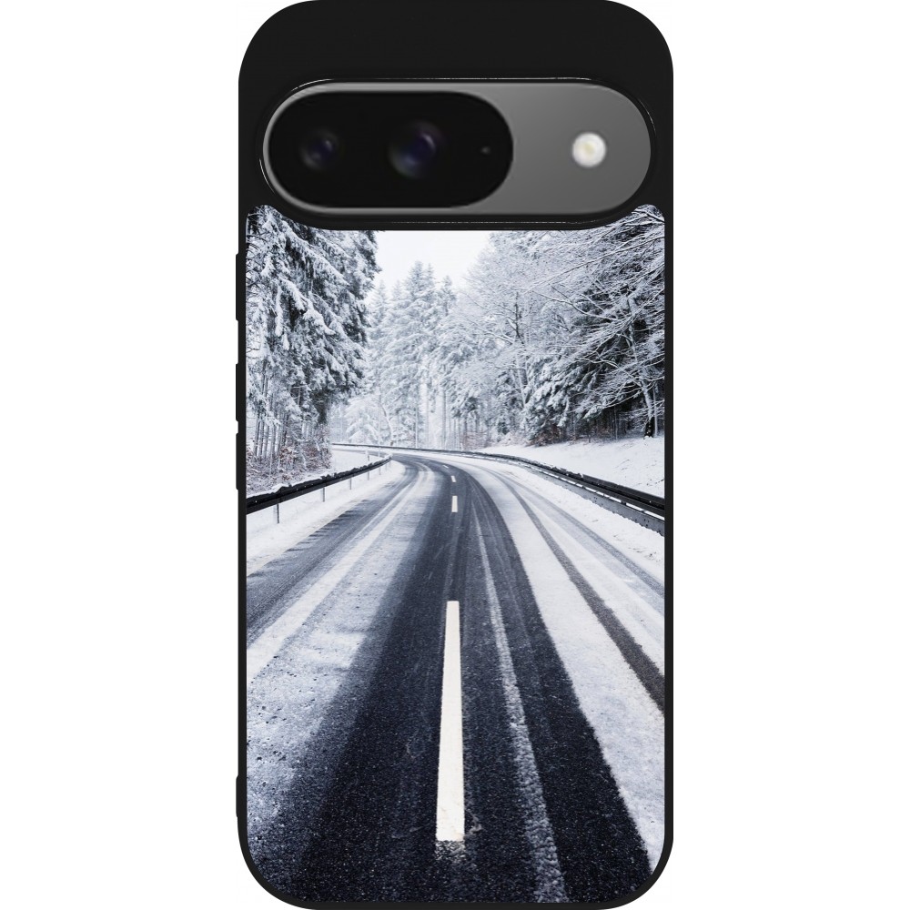 Google Pixel 9 / Pixel 9 Pro Case Hülle - Silikon schwarz Winter 22 Snowy Road