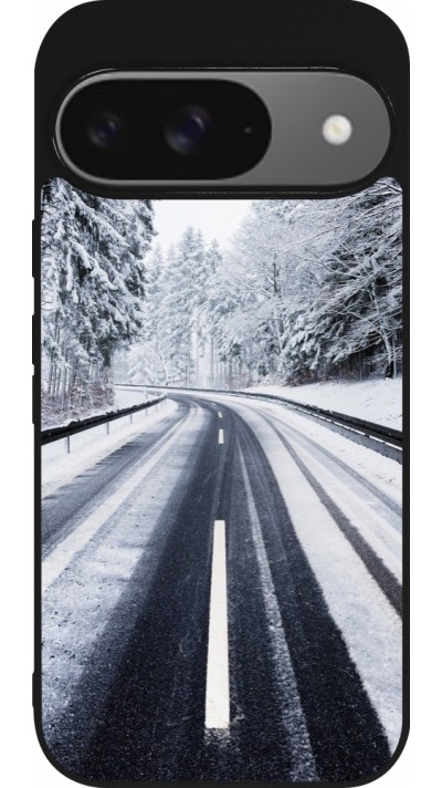 Google Pixel 9 / Pixel 9 Pro Case Hülle - Silikon schwarz Winter 22 Snowy Road