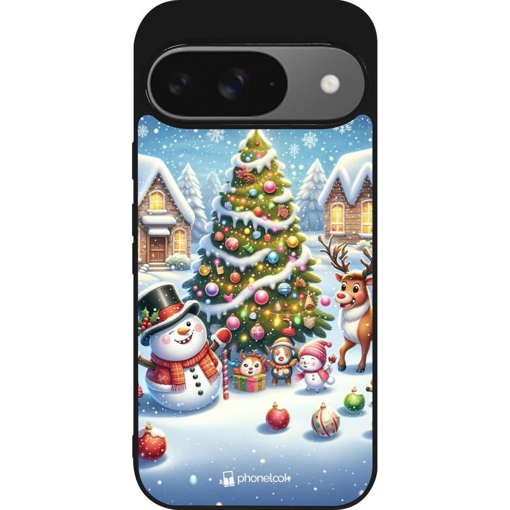 Google Pixel 9 / Pixel 9 Pro Case Hülle - Silikon schwarz Weihnachten 2023 Schneemann und Tannenbaum