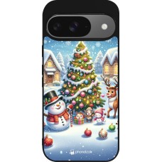 Google Pixel 9 / Pixel 9 Pro Case Hülle - Silikon schwarz Weihnachten 2023 Schneemann und Tannenbaum