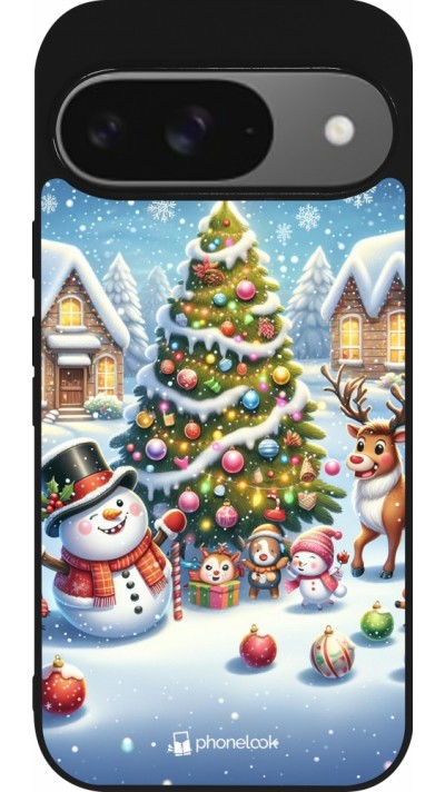 Google Pixel 9 / Pixel 9 Pro Case Hülle - Silikon schwarz Weihnachten 2023 Schneemann und Tannenbaum