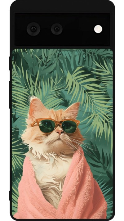 Google Pixel 6 Case Hülle - Silikon schwarz Cat Summer Palms