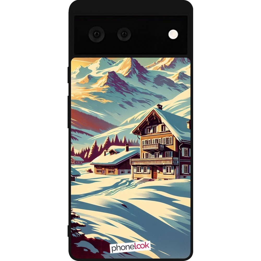 Google Pixel 6 Case Hülle - Silikon schwarz Chalet Berg verschneit