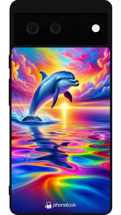 Google Pixel 6 Case Hülle - Silikon schwarz Glücklicher Regenbogen-Delfin