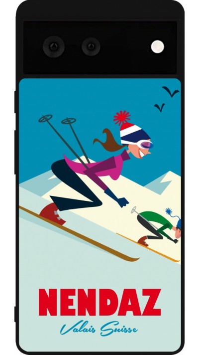Coque Google Pixel 6 - Silicone rigide noir Nendaz Ski Downhill