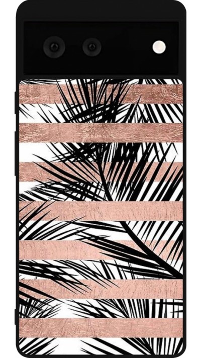 Coque Google Pixel 6 - Silicone rigide noir Palm trees gold stripes