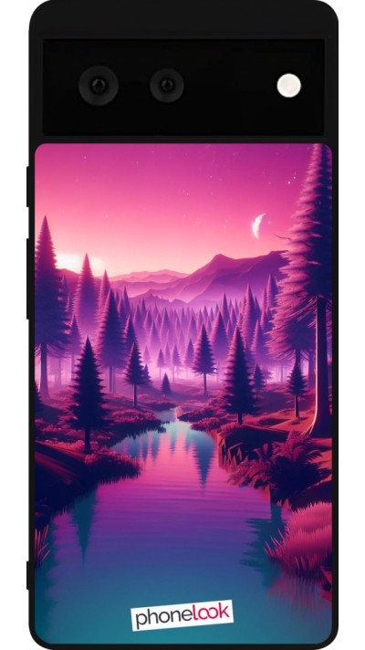 Coque Google Pixel 6 - Silicone rigide noir Paysage Violet-Rose