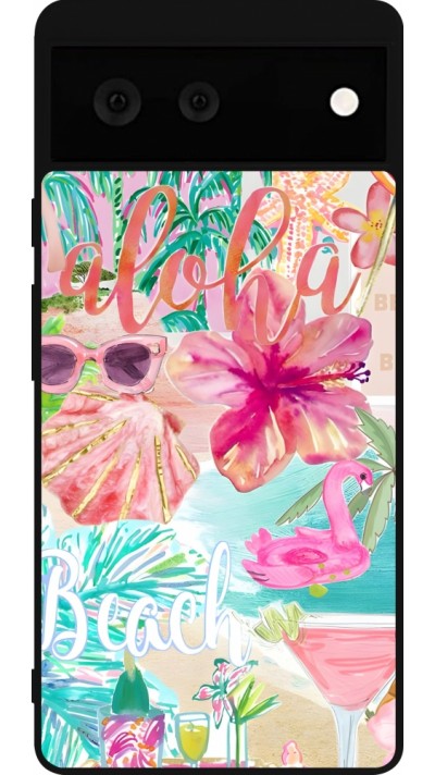 Coque Google Pixel 6 - Silicone rigide noir Preppy Collage Aloha