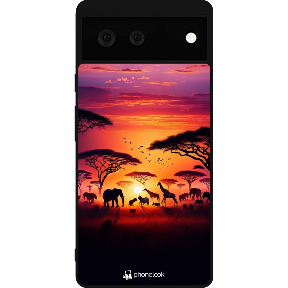 Google Pixel 6 Case Hülle - Silikon schwarz Safari Sonnenuntergang Wildtiere