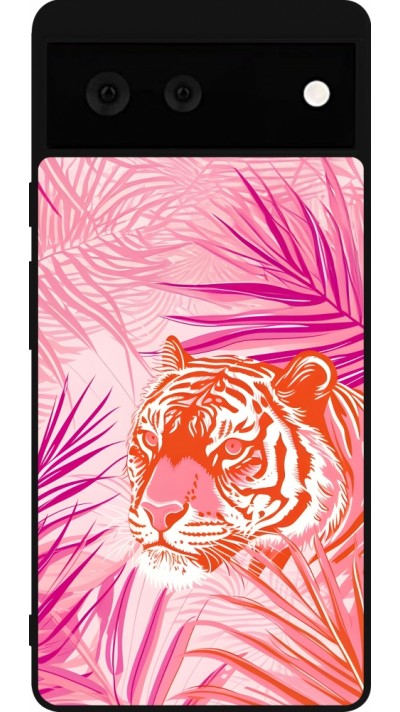 Coque Google Pixel 6 - Silicone rigide noir Tigre palmiers roses