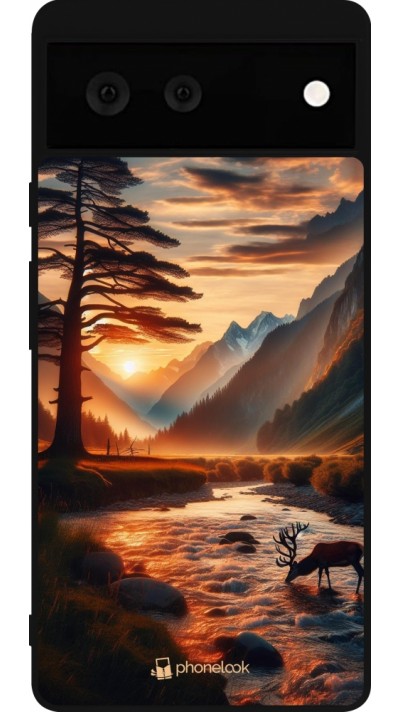 Google Pixel 6 Case Hülle - Silikon schwarz Tal Sonnenuntergang Hirsch Baum