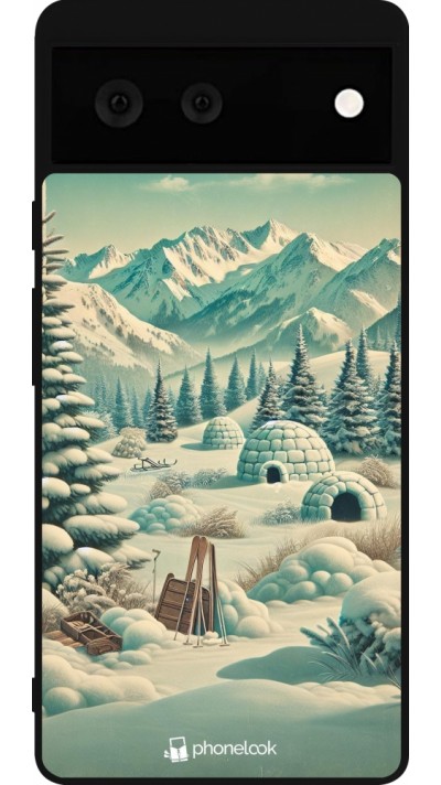 Google Pixel 6 Case Hülle - Silikon schwarz Vintage Schneebedeckter Berg Iglu