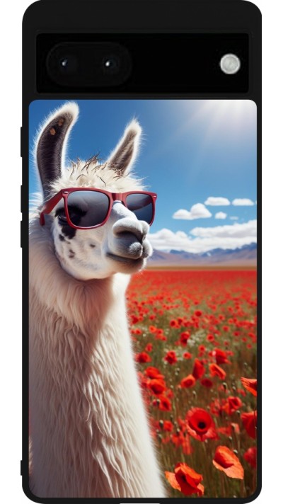 Google Pixel 6a Case Hülle - Silikon schwarz Lama Chic in Mohnblume