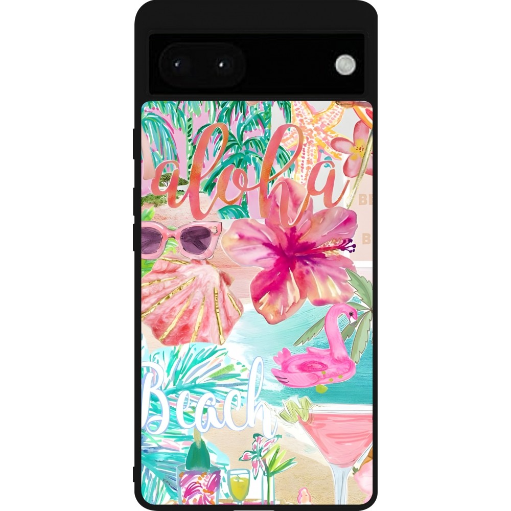 Google Pixel 6a Case Hülle - Silikon schwarz Preppy Collage Aloha