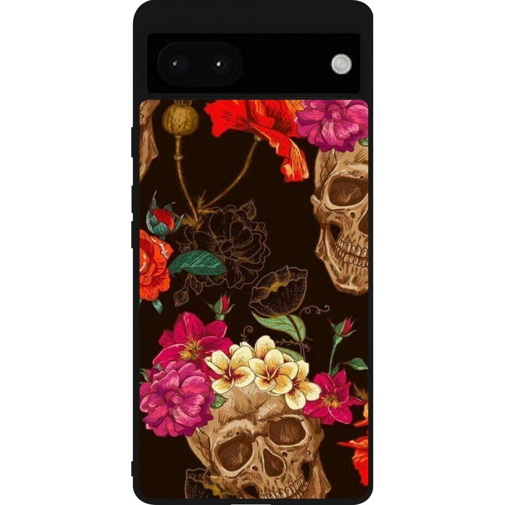 Google Pixel 6a Case Hülle - Silikon schwarz Skulls and flowers