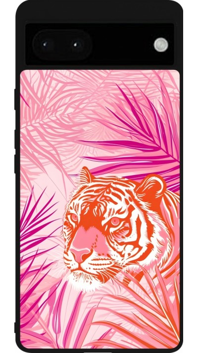 Coque Google Pixel 6a - Silicone rigide noir Tigre palmiers roses