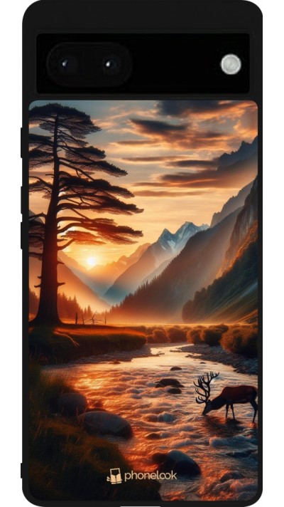 Google Pixel 6a Case Hülle - Silikon schwarz Tal Sonnenuntergang Hirsch Baum