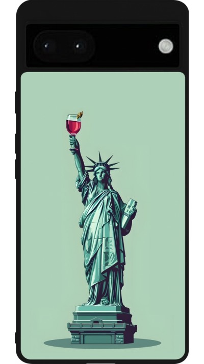 Coque Google Pixel 6a - Silicone rigide noir Wine Statue de la liberté avec un verre de vin
