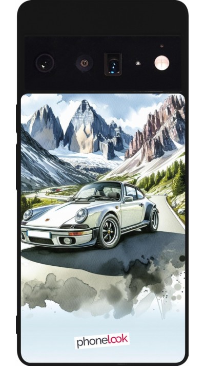 Coque Google Pixel 6 Pro - Silicone rigide noir Porsche 911 Mountain Watercolor