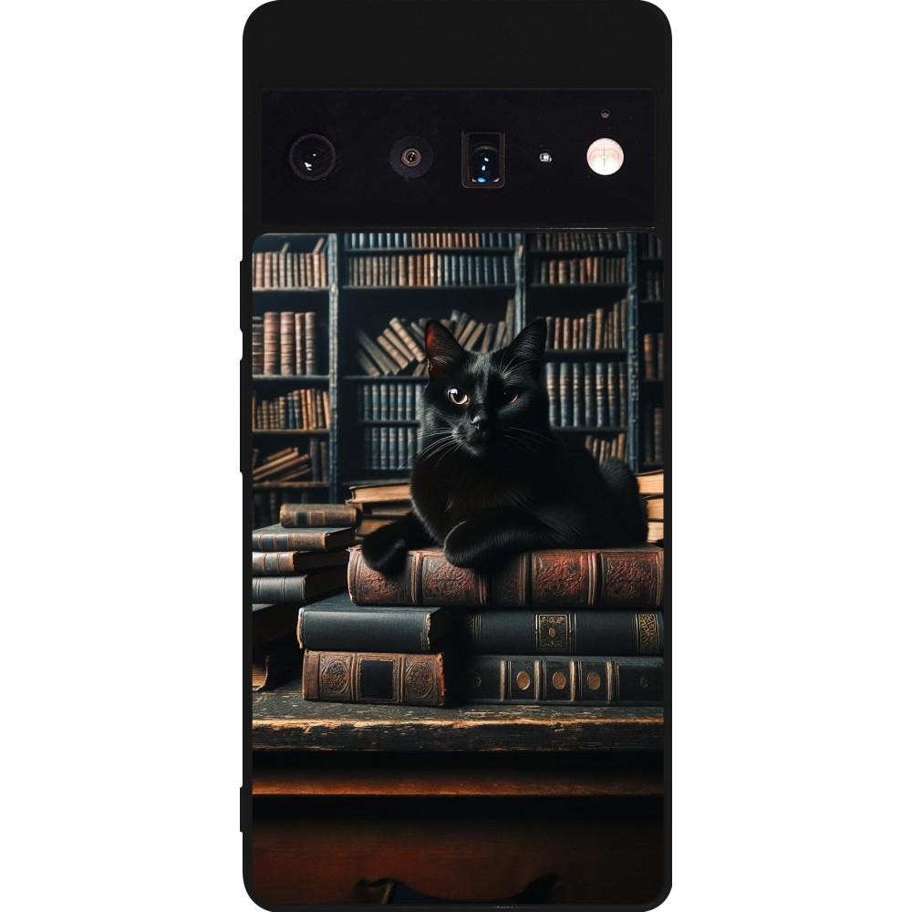 Google Pixel 6 Pro Case Hülle - Silikon schwarz Katze Bücher dunkel