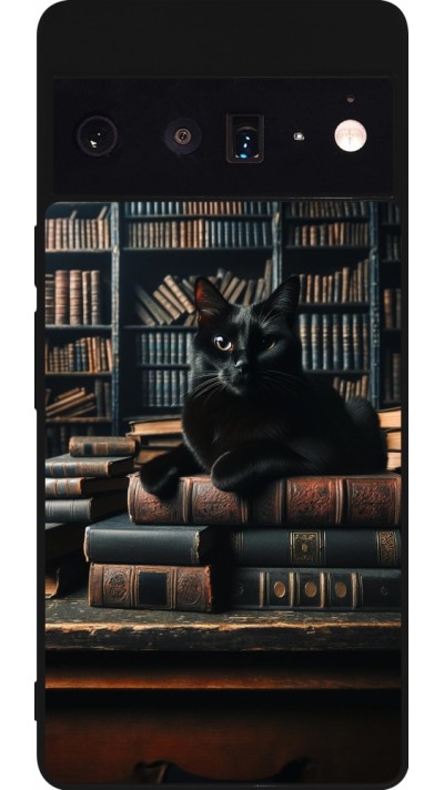 Google Pixel 6 Pro Case Hülle - Silikon schwarz Katze Bücher dunkel