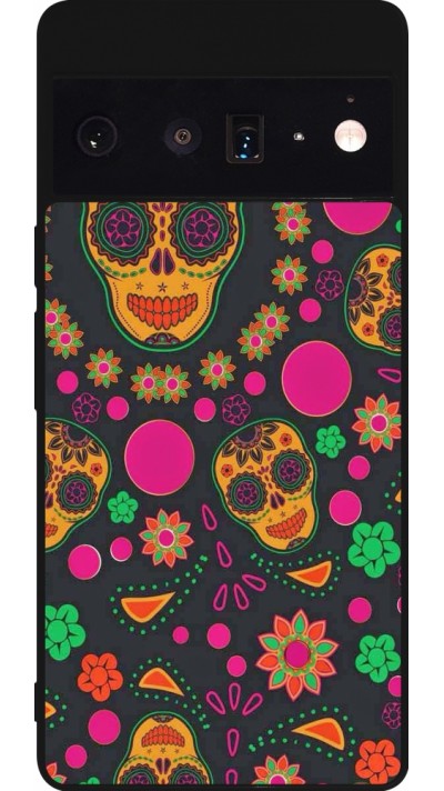 Google Pixel 6 Pro Case Hülle - Silikon schwarz Halloween 22 colorful mexican skulls