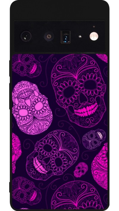 Google Pixel 6 Pro Case Hülle - Silikon schwarz Halloween 2023 pink skulls