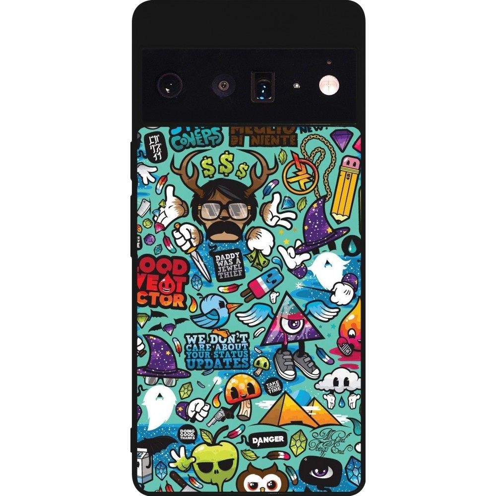 Google Pixel 6 Pro Case Hülle - Silikon schwarz Mixed Cartoons Turquoise