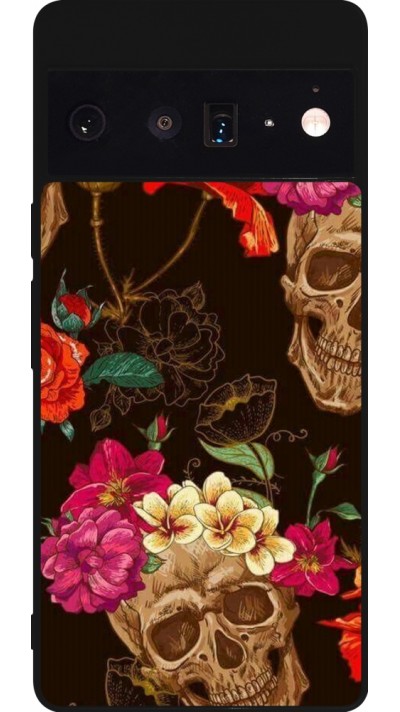 Google Pixel 6 Pro Case Hülle - Silikon schwarz Skulls and flowers