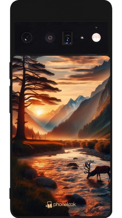 Google Pixel 6 Pro Case Hülle - Silikon schwarz Tal Sonnenuntergang Hirsch Baum