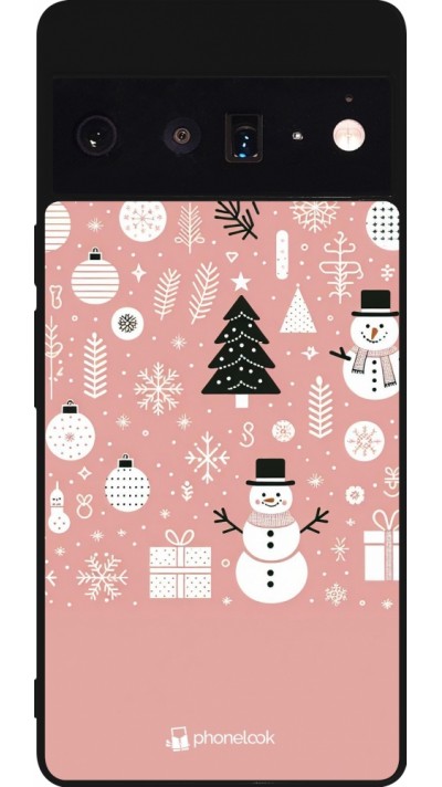 Coque Google Pixel 6 Pro - Silicone rigide noir Noël 2024 Rose Snowman Christmas