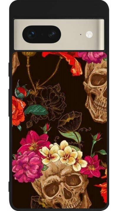 Google Pixel 7 Case Hülle - Silikon schwarz Skulls and flowers