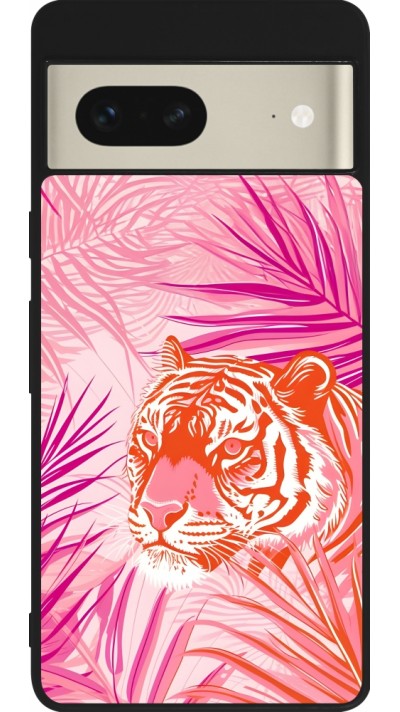 Coque Google Pixel 7 - Silicone rigide noir Tigre palmiers roses