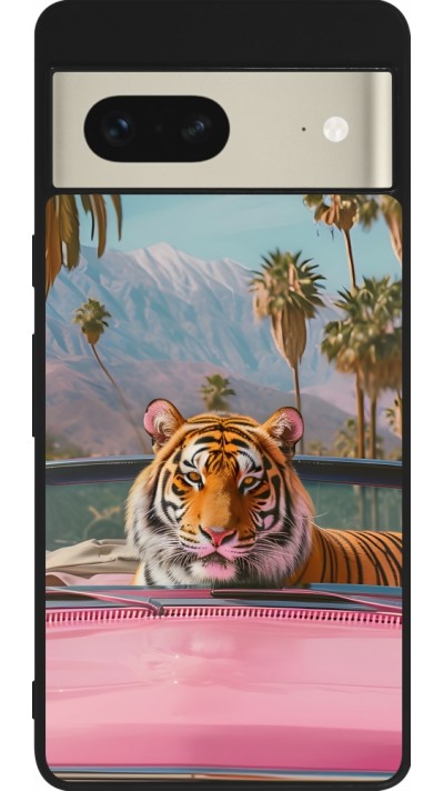 Coque Google Pixel 7 - Silicone rigide noir Tigre voiture rose