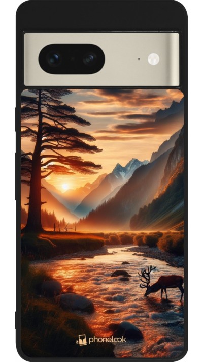 Google Pixel 7 Case Hülle - Silikon schwarz Tal Sonnenuntergang Hirsch Baum