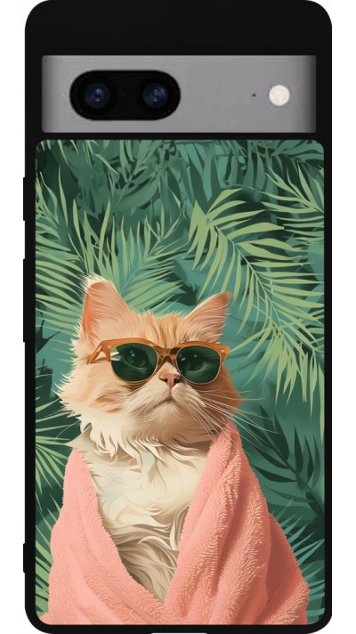 Google Pixel 7a Case Hülle - Silikon schwarz Cat Summer Palms