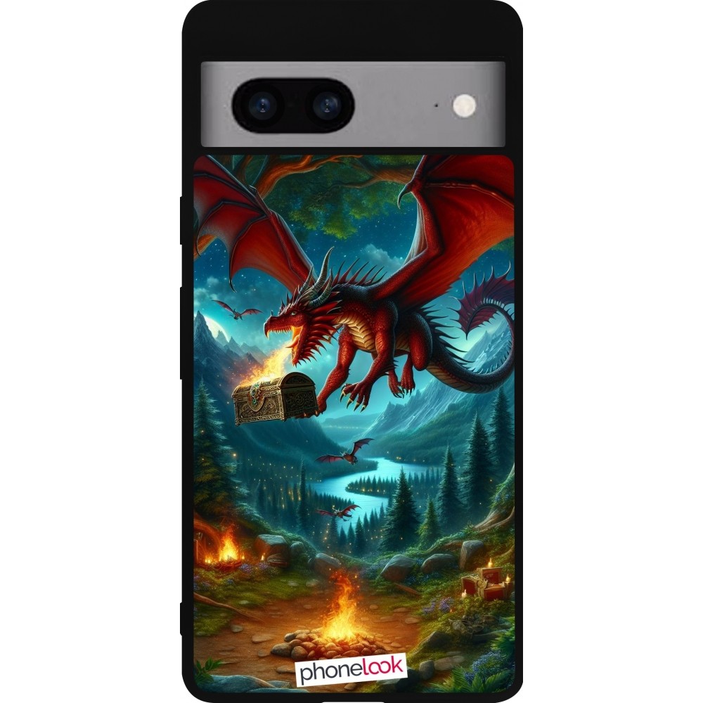 Google Pixel 7a Case Hülle - Silikon schwarz Drache Fliegend Wald Schatz