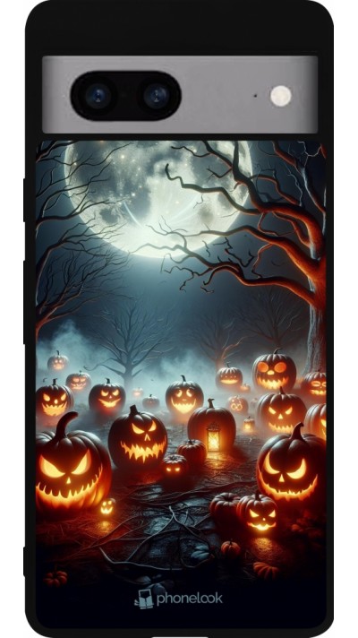 Google Pixel 7a Case Hülle - Silikon schwarz Halloween 2024 Viele Kuerbisse