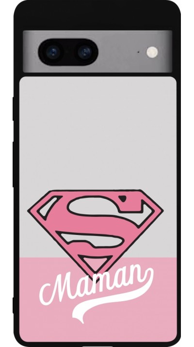 Coque Google Pixel 7a - Silicone rigide noir Mom 2024 Super hero maman