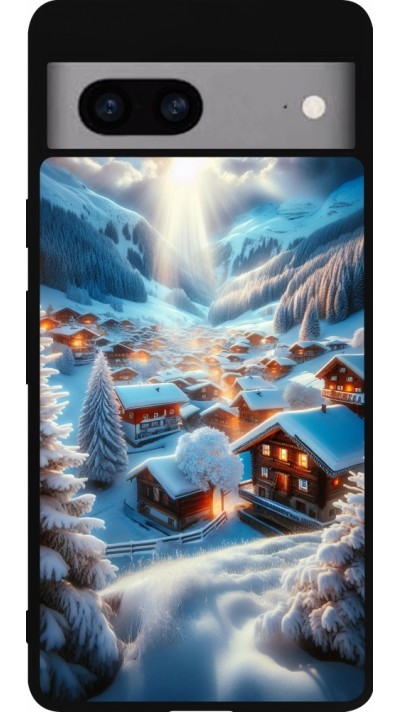 Coque Google Pixel 7a - Silicone rigide noir Mont Neige Lumière