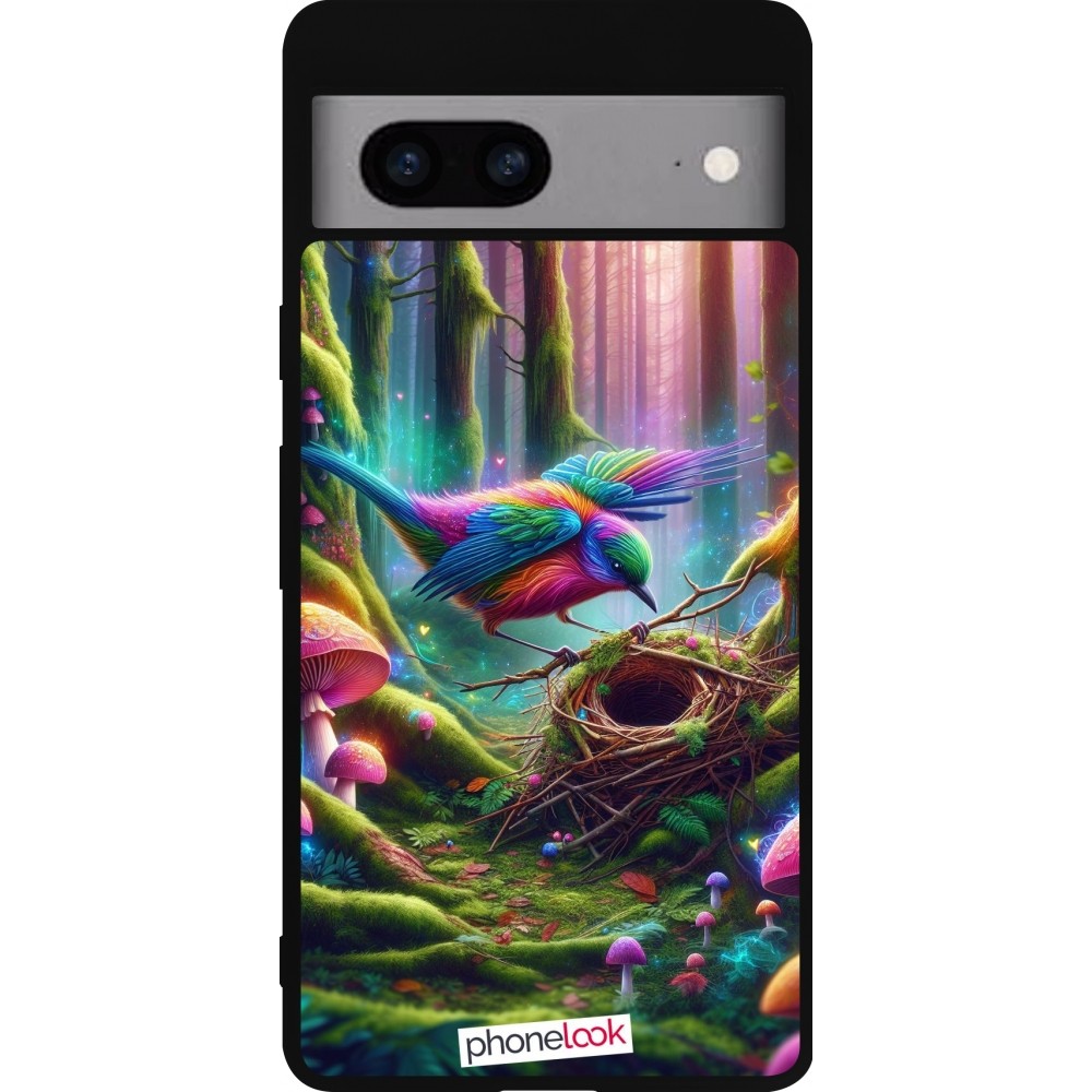 Coque Google Pixel 7a - Silicone rigide noir Oiseau Nid Forêt