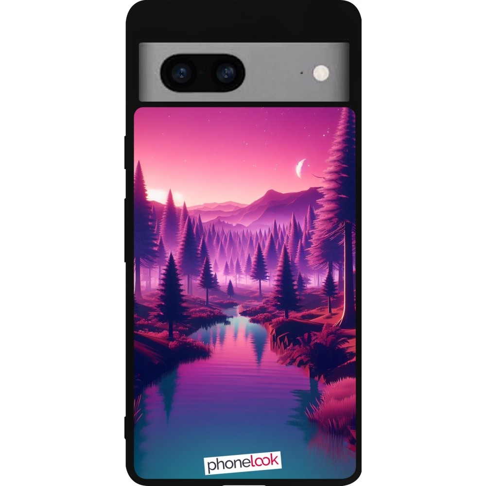 Coque Google Pixel 7a - Silicone rigide noir Paysage Violet-Rose