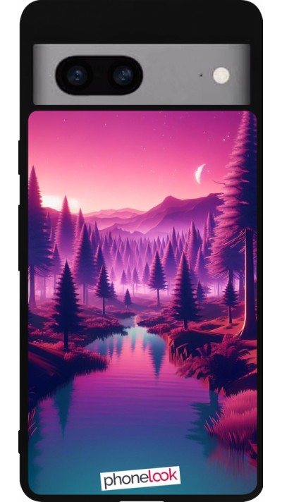 Coque Google Pixel 7a - Silicone rigide noir Paysage Violet-Rose