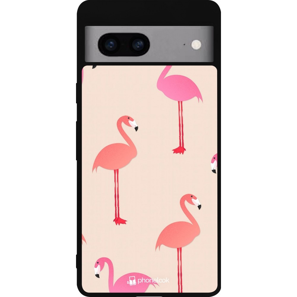 Coque Google Pixel 7a - Silicone rigide noir Pink Flamingos Pattern