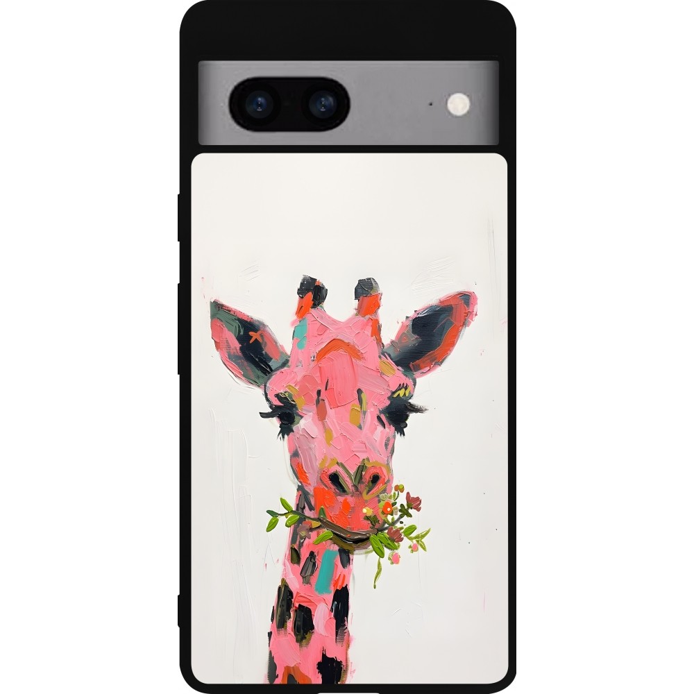 Coque Google Pixel 7a - Silicone rigide noir Pink Girafe Paint